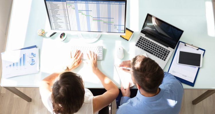 Overhead View Of Two Businesspeople Analyzing Gantt Chart On Computer In Office